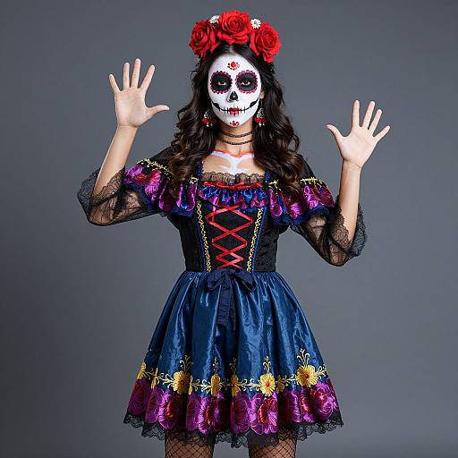Photograph of a woman in a Day of the Dead costume: black lace dress with red corset, blue skirt, red roses in hair, white