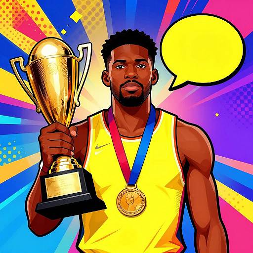 Comic-style illustration of a muscular Black man with short curly hair holding a golden trophy, wearing a yellow tank top and blue-red medal, against a colorful