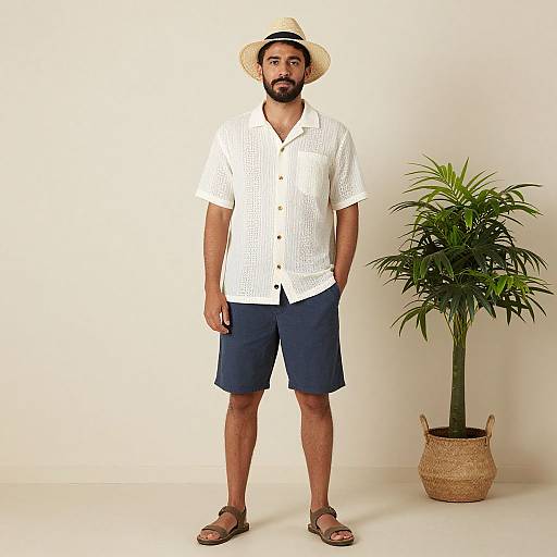 Photograph of a bearded man in a white checked shirt, navy shorts, straw hat, brown sandals, standing beside a potted plant.