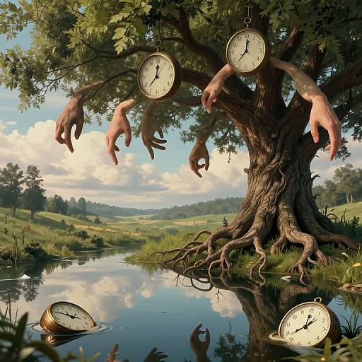 Photorealistic digital art of a tree with human hands, each holding a clock, over a reflective pond in a lush countryside. Clocks show different