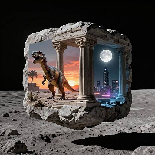 Digital artwork of a realistic T-Rex in a crumbling, classical-style columned structure on a lunar surface, with sunset and cityscape reflections, and