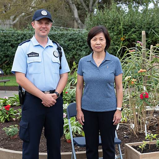 Photograph of a male police officer in uniform and a middle-aged Asian woman in a blue polo shirt standing in a lush garden with raised beds and vibrant