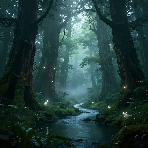 Digital artwork of a mystical forest with glowing fireflies, tall trees, and a misty, illuminated stream winding through lush greenery.