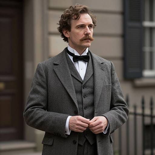 Photograph of a Caucasian man with curly brown hair and a mustache, wearing a gray three-piece suit, white shirt, and black bow tie,