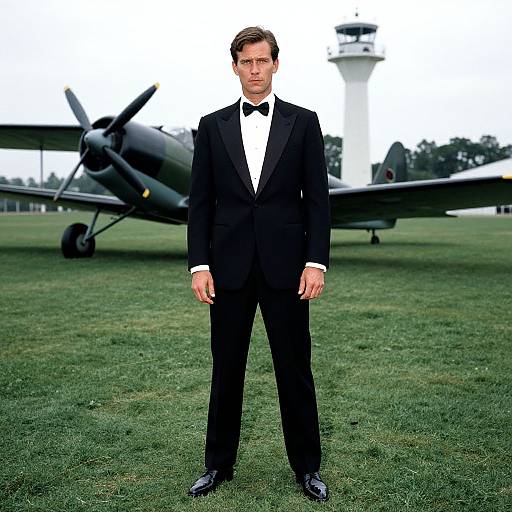 Man in Classic Tuxedo by Historic Airfield