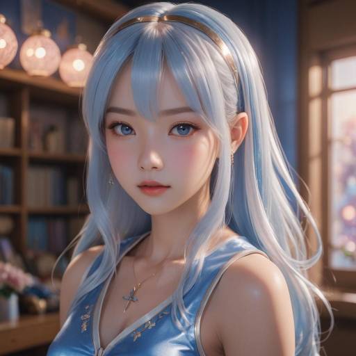 Young Woman with Silver Blue Hair and Cross Necklace