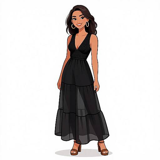 Digital illustration of a smiling woman with dark wavy hair, wearing a black, layered, sleeveless dress and brown sandals, standing against a white background