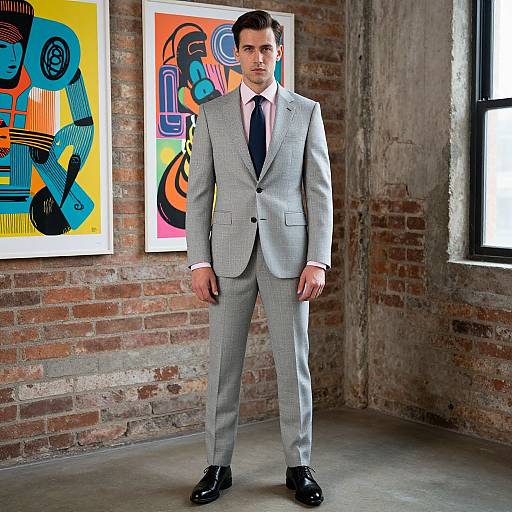 Photograph of a tall, handsome man in a light gray suit, white shirt, pink tie, and black shoes, standing in a brick-walled