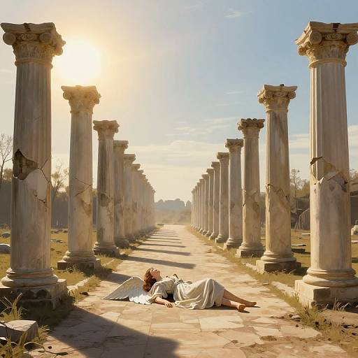 Photograph-like digital art: Angelic figure with white wings lies on ancient, sunlit stone pathway between tall, weathered columns, surrounded by grass