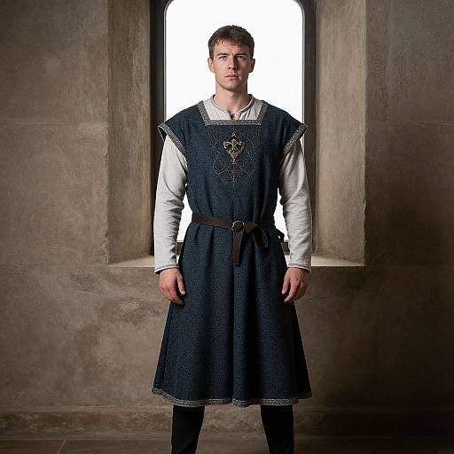 Photograph of a young Caucasian man in medieval attire, black dress with white shirt, brown belt, standing in a stone archway.