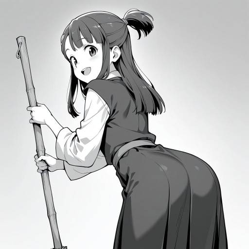 Charming Monochrome Girl with Broom