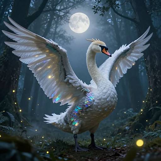 Digital artwork of a majestic, white swan with glowing, iridescent feathers spreading wings in a moonlit, enchanted forest, surrounded by twinkling
