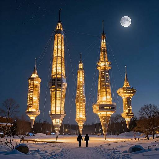 Photograph of four glowing, futuristic tower structures illuminated against a moonlit, starry night sky, with two silhouetted people walking in snow
