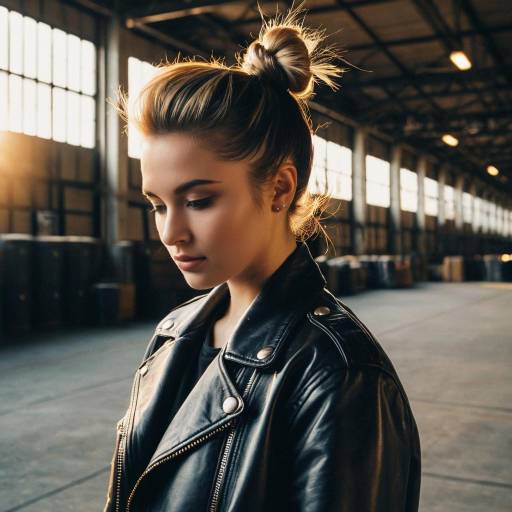 Young woman with top knot fade hairstyle in leather jacket