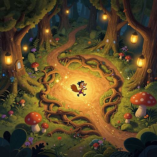 Whimsical forest scene at night, fairy lights on trees, glowing path, red mushrooms, twisted vines, central glowing orb, silhouette fairy mid-le