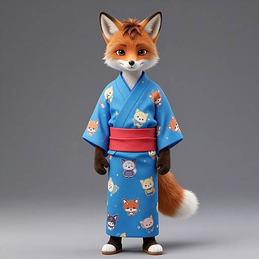Photorealistic Fox Boy in Blue Kimono