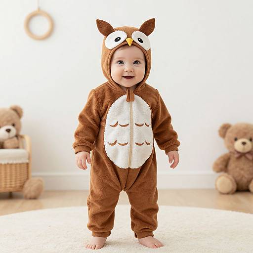 Photograph of a smiling baby in a brown owl onesie with white chest, standing on a white rug, surrounded by two brown teddy bears.
