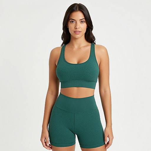 Photograph of a fit, young woman with long black hair, wearing a teal sports bra and matching high-waisted shorts, standing against a plain