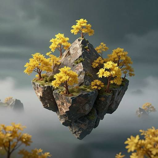 Digital artwork of a floating, rocky island with vibrant yellow trees, surrounded by misty clouds and distant rocky formations.