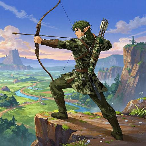 Anime Elf Archer on Cliff Edge