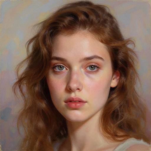 Digital painting of a young woman with wavy brown hair, blue eyes, fair skin, and subtle pink lips, against a soft, pastel background