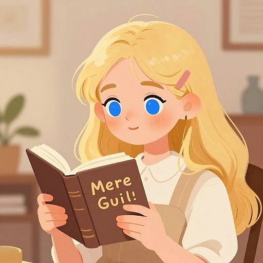 Digital drawing of a blonde girl with blue eyes, reading 