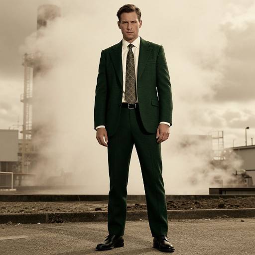 Confident Man in Vintage Suit at Geothermal Plant