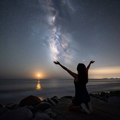 Silhouetted woman with arms raised, gazing at the Milky Way over a calm ocean at sunset, rocky shoreline in foreground. Photograph.