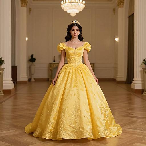 Photograph of a woman in a bright yellow, satin, puffed-sleeve ball gown with a gold tiara, standing in an elegant,