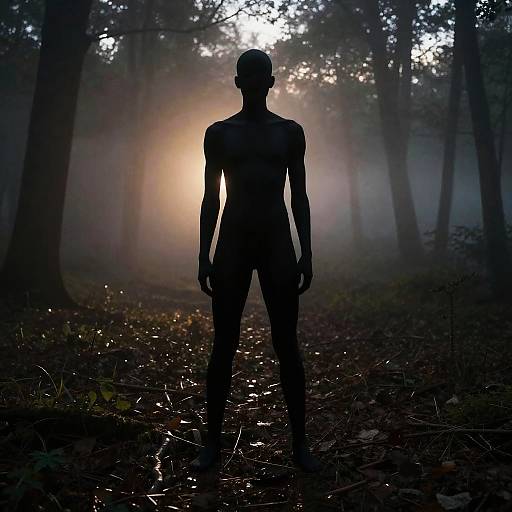 Silhouette of Tall Figure in Misty Forest