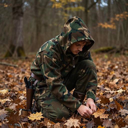 Medieval Scout Camouflage Among Autumn Leaves