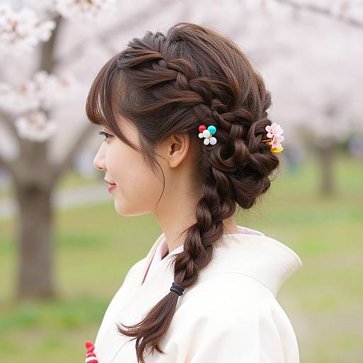 Photograph of an East Asian woman with braided brown hair, white blouse, and colorful hairpins, profile view, spring background.