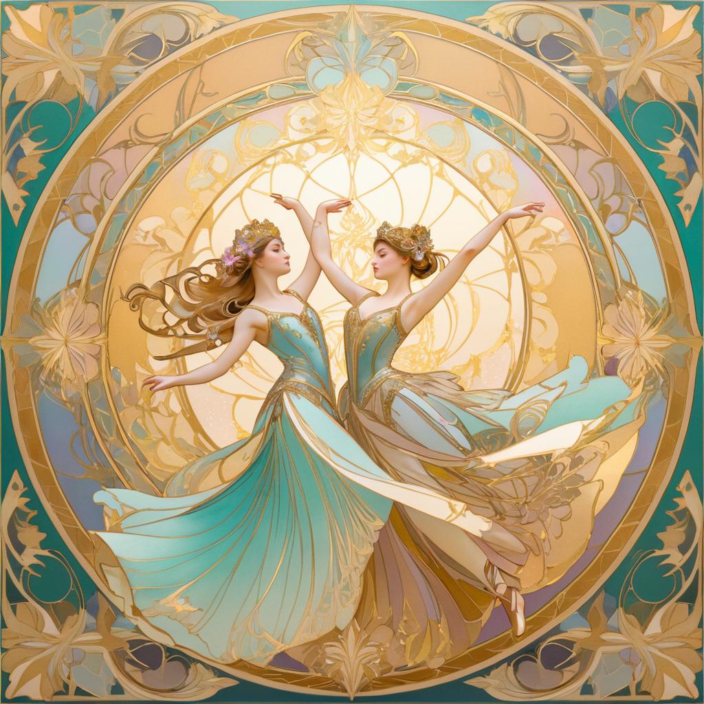 Elegant Ballet in Mucha's Art Style