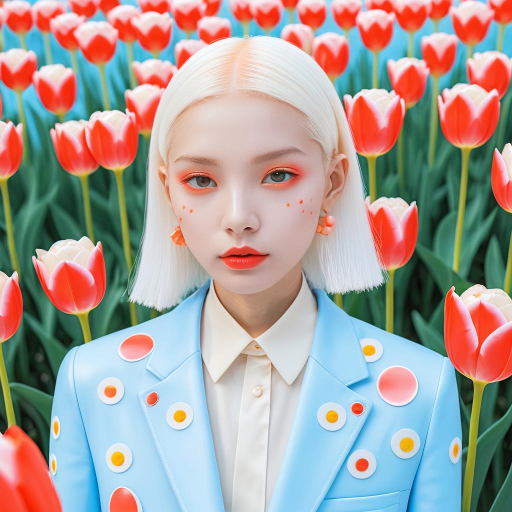 Albino Model Among Vibrant Tulips