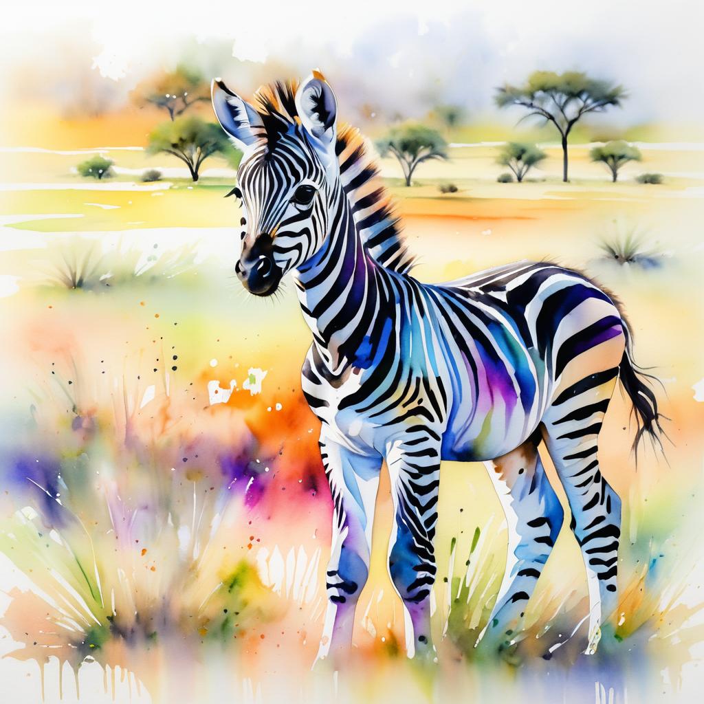 Watercolor Baby Zebra Foal in Savannah