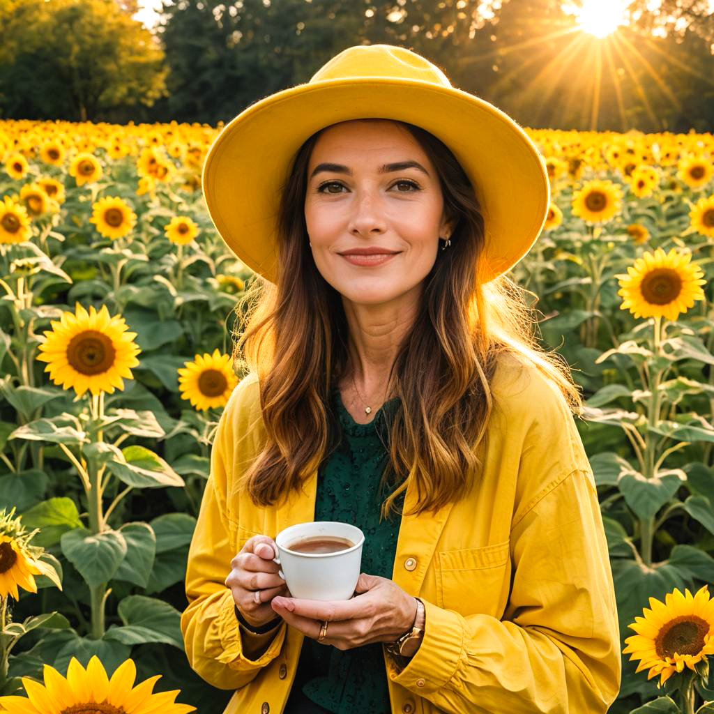 Sunflower Lover Enjoys Coffee at Dusk