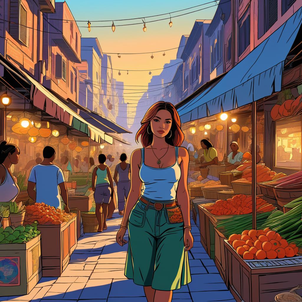 Folk Art Style: Market Scene at Dawn