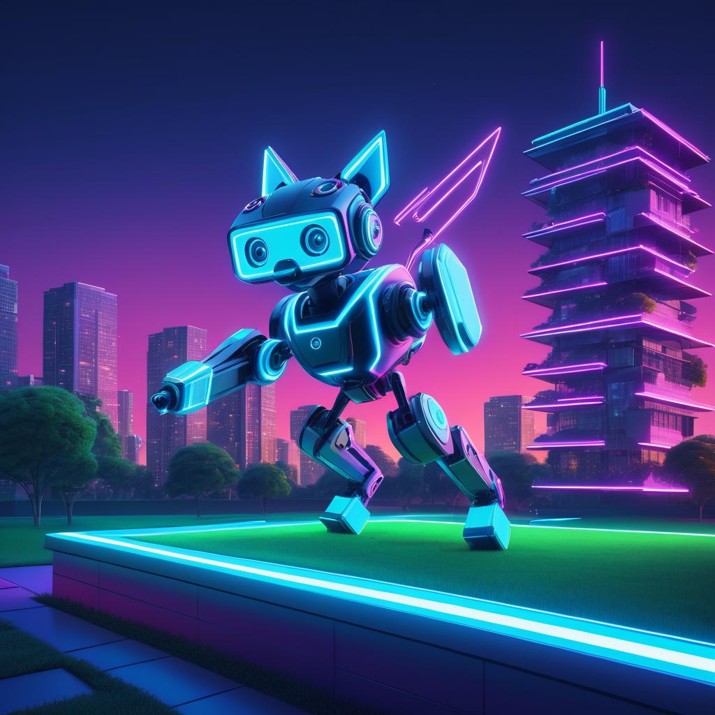 Robot Dog Playing Fetch in Neon Park