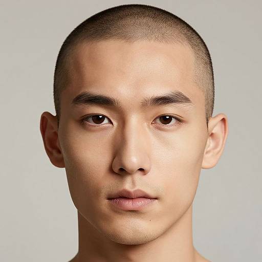 Photograph of a young, light-skinned Asian man with a close-cropped haircut, neutral expression, and subtle facial features against a plain light grey