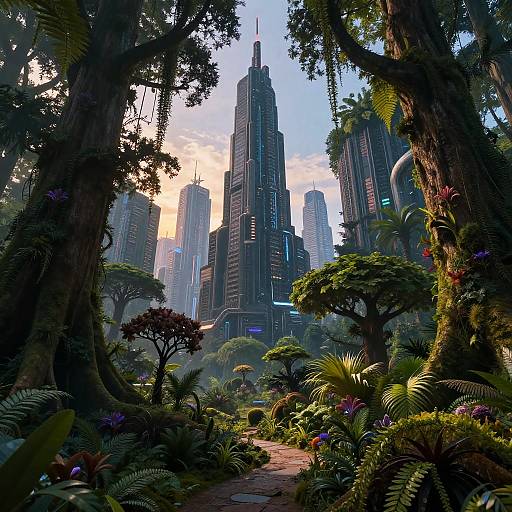 Photorealistic CGI of a futuristic cityscape surrounded by lush, dense jungle with towering trees and vibrant flora, framed by large, moss-covered trunks