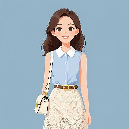 Digital illustration of a smiling Asian woman with long black hair, wearing a blue sleeveless shirt, white lace skirt, brown belt, and white crossbody
