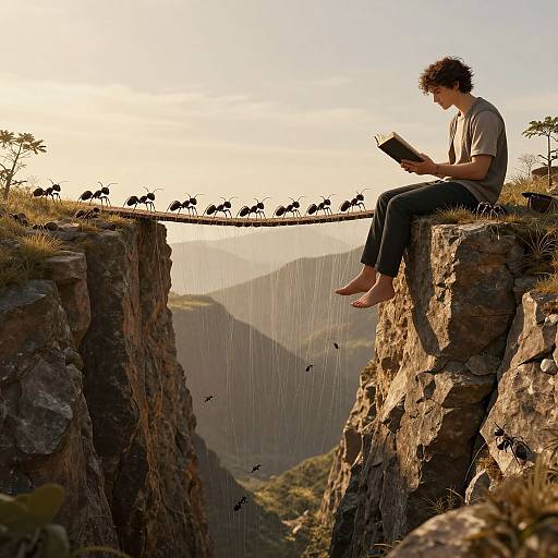 Surreal Cliffside Reading with Ant Bridges