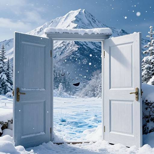 Photograph of an open, snow-covered wooden door revealing a snowy mountain landscape with falling snowflakes, bright blue sky, and evergreen trees.