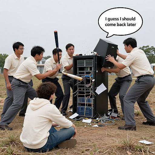 Photograph of six Asian men in white shirts and gray pants, attacking a black computer tower with bats and a baseball bat, with one man sitting on