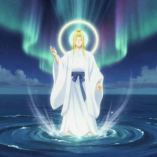 Digital anime-style artwork of a blonde, haloed figure in a white robe standing in glowing water, surrounded by aurora-lit night sky.
