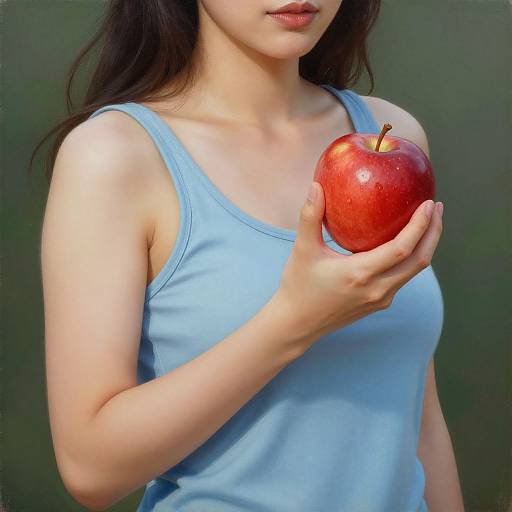 Photograph of an Asian woman with long black hair, wearing a light blue tank top, holding a shiny red apple in her right hand, against a