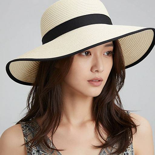 Photograph of an Asian woman with fair skin, dark brown hair, and brown eyes, wearing a wide-brimmed straw hat with black trim,