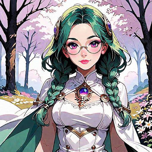 Anime Girl with Green Braids and Purple Eyes in White Dress