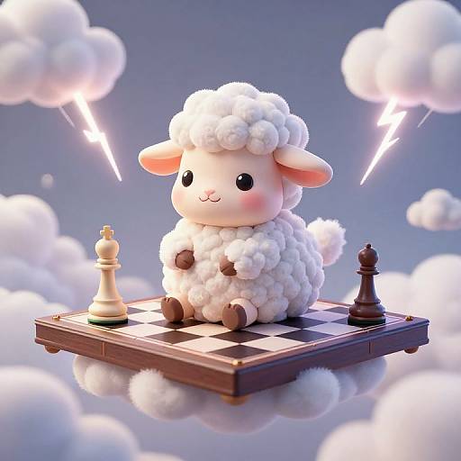 Cute, white, fluffy sheep with pink cheeks sits on a floating chessboard among clouds, with white and black chess pieces. Digital artwork.