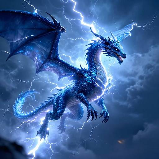 Digital artwork of a blue, electric dragon soaring through a stormy sky, surrounded by bright, crackling lightning, with dark clouds in the background.
